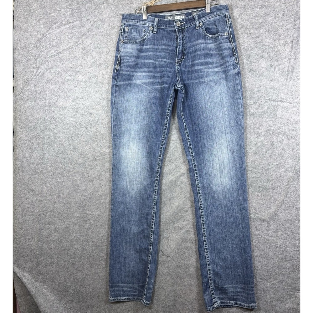 BKE Tyler Straight Jeans Mens 34 x 37 Blue Distressed Fade Embroidered